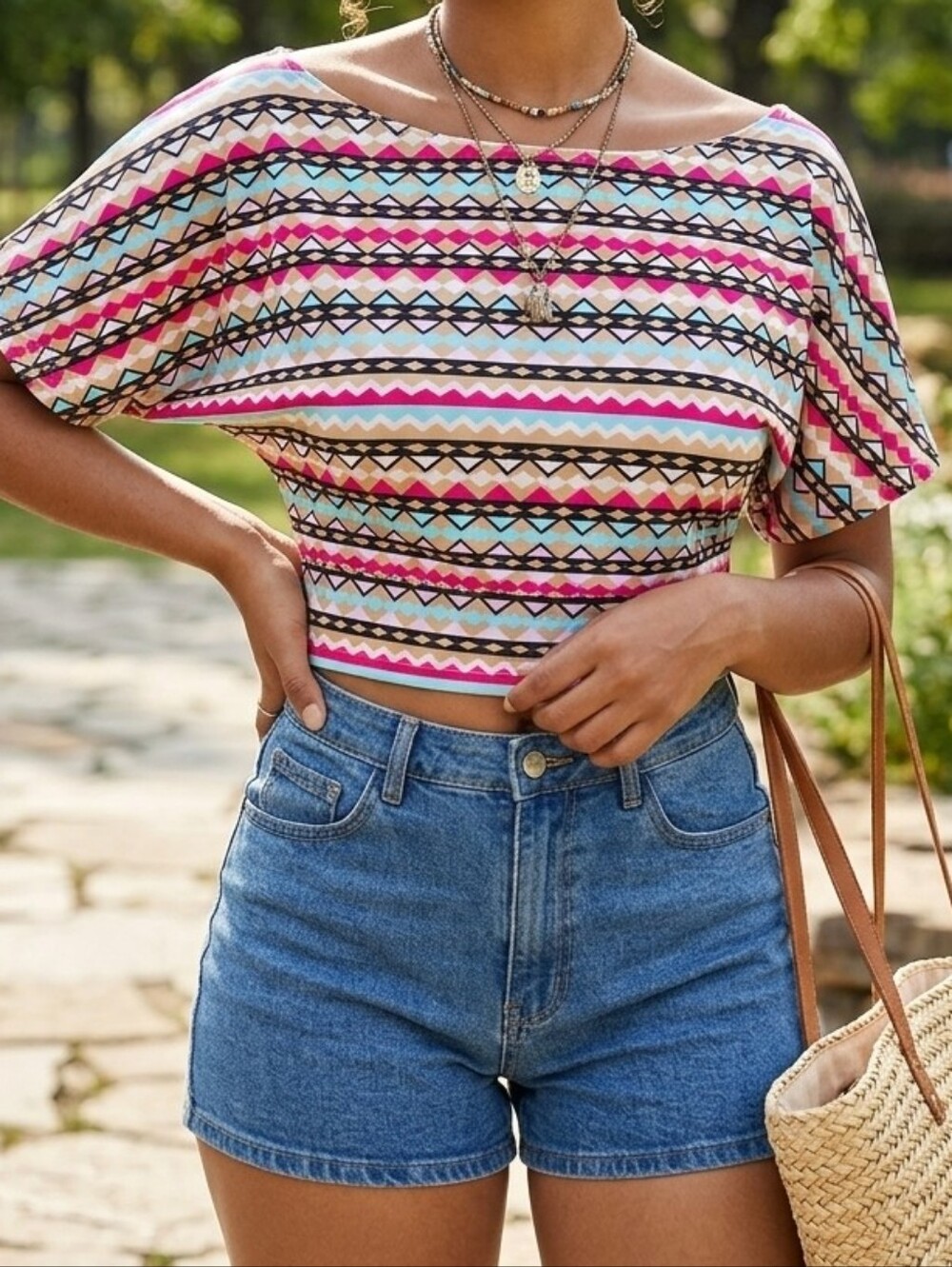 Off-Shoulder Geometric Stripe Crop Top in Pink, Aqua & Cream